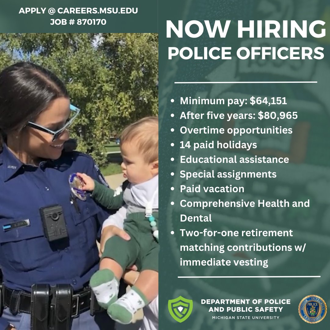 “I wanted to become an MSU police officer because I wanted to serve the community I grew up in. There is no better community than the Spartan community,' said Detective Sydnee Zienta. Looking forward to the next step in your career? We're hiring! Take the first step and apply…