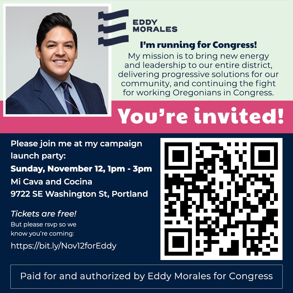 cobianmiguel's tweet photo. Join us for @eddymorales’ congressional campaign kickoff is this Sunday, November 12th at 1pm @ Mi Cava &amp; Cocina! RSVP here: https://t.co/duZ7TxzsBe https://t.co/Fgc6ey1UHM