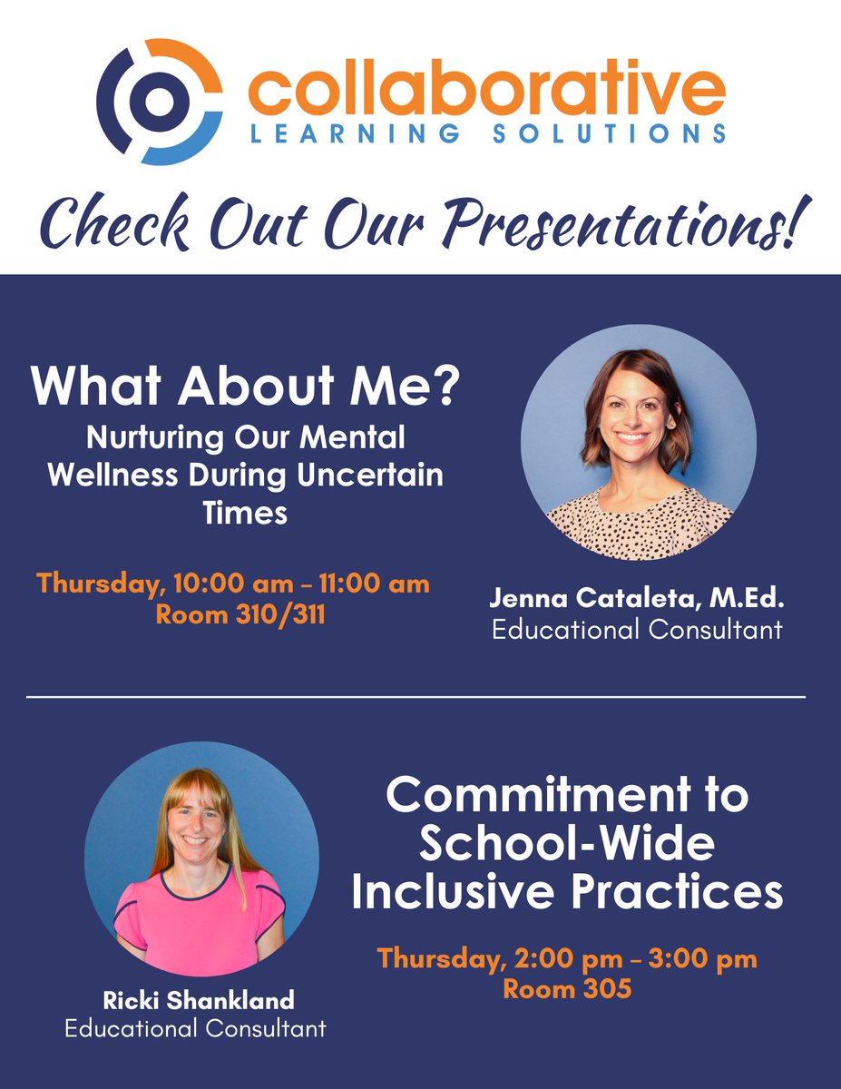 TheCLS_Team's tweet image. Come check out our amazing consultants in action this week at the CASE conference in Pittsburg, PA.  Both presentations will be this Thursday, November 9th.  #CASEconference2023 #MentalHealth #InclusivePractices