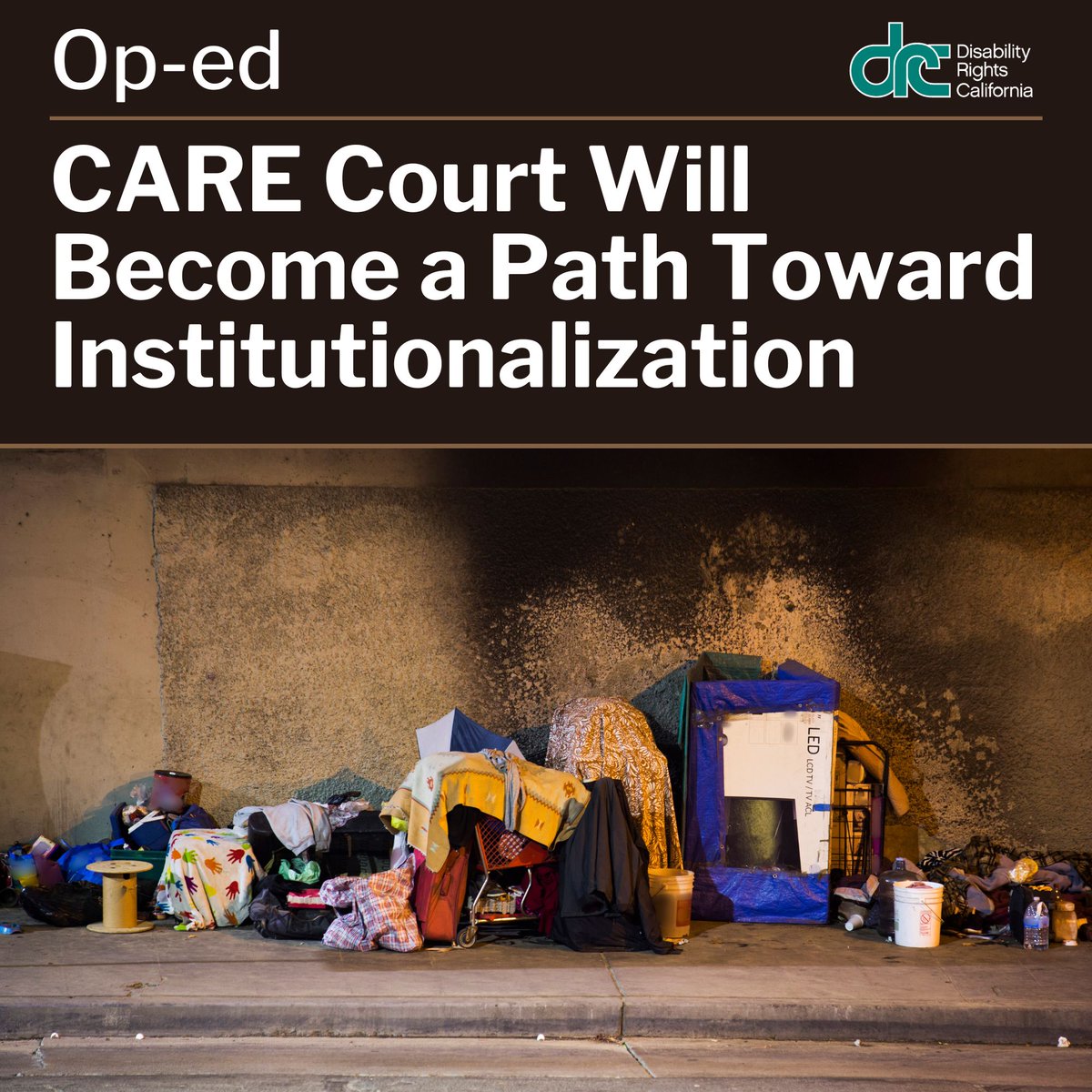 DisabilityCA's tweet photo. CARE Court provides millions of dollars to create a judicial infrastructure for court-ordered treatment for individuals who have not committed a crime. Although it’s been promoted as a solution to homelessness, there is no guarantee of housing, further proving that one cannot solve a housing crisis through a forced-treatment lens.

Debra Roth, Senior Legislative Advocate at Disability Rights California, offers her insight on how California’s CARE Court will become a path toward institutionalization in her op-ed here:
https://t.co/oyG93XVZsI