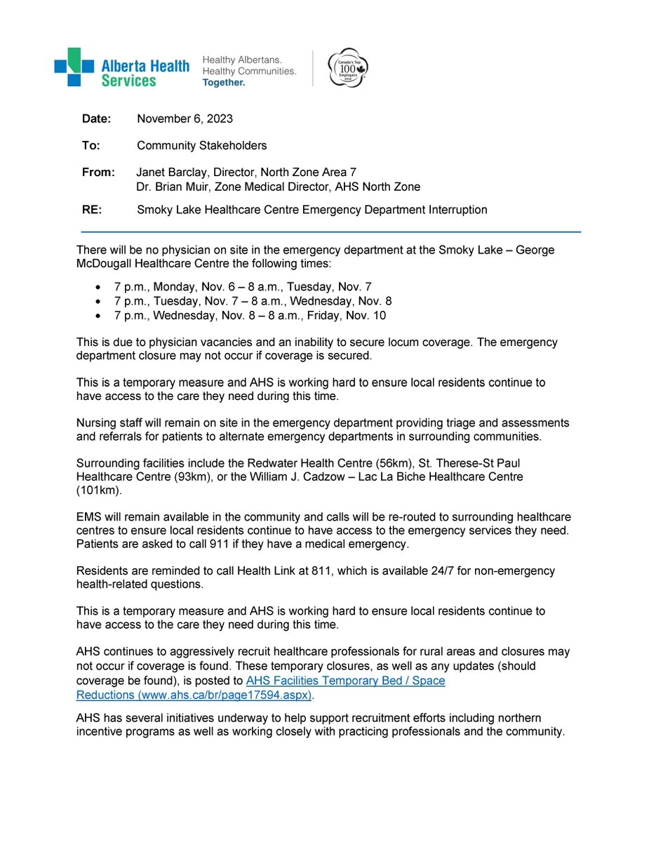 SmokyLakeCounty's tweet photo. Please see the notice from AHS https://t.co/1chllIc7s0