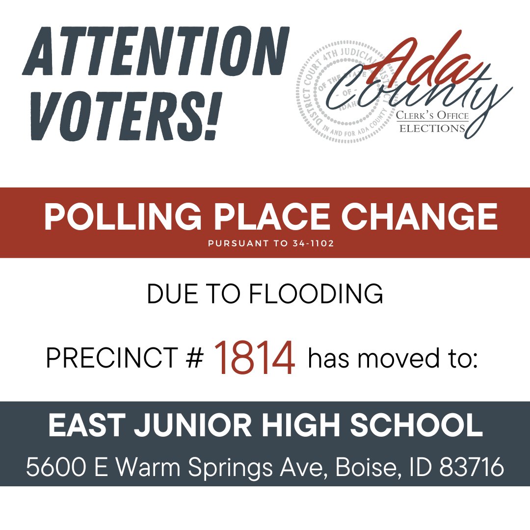 AdaElections's tweet photo. ‼️ Attention Voters! Voters who have the Idaho Department of Parks and Recreation (precinct 1814) as their polling place will now vote at East Junior High School located at 5600 E Warm Springs Ave, Boise, ID 83716, due to flooding.
https://t.co/5YRIxPcyNI https://t.co/2hrBl3edeE