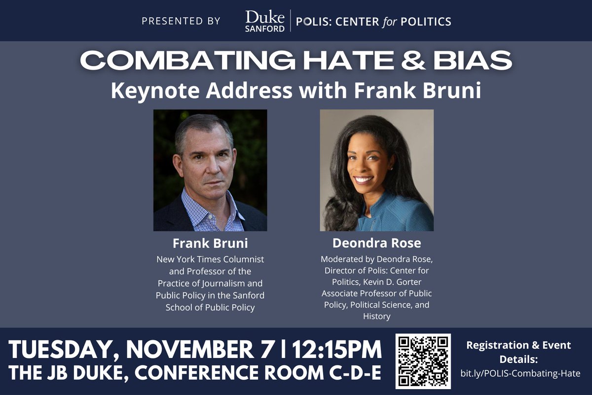 TOMORROW! Join us for LUNCH and keynote with <a href="/FrankBruni/">Frank Bruni</a> of <a href="/nytimes/">The New York Times</a> <a href="/DukeSanford/">Sanford School of Public Policy</a>. In conversation with <a href="/DeondraRose/">Deondra Rose</a> of <a href="/PolisAtDuke/">Polis (Duke University)</a>. Link in bio to register. #ncpol
