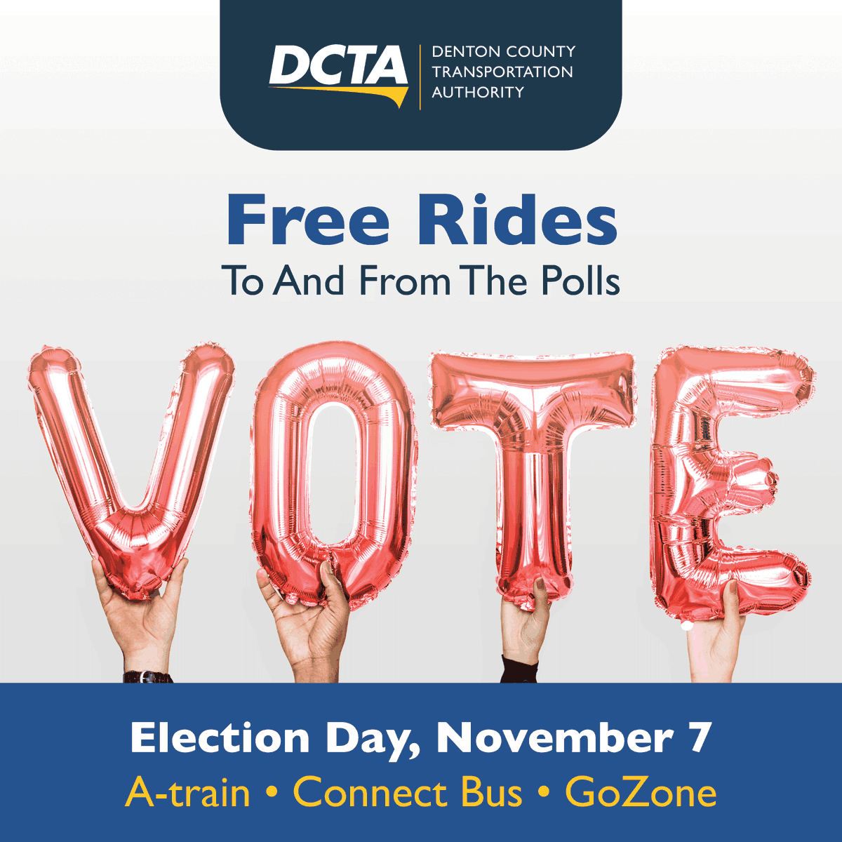 RideDCTA's tweet photo. 🗣️ Calling all Voters 🗣️

We are offering FREE rides to and from the polls on Election Day! Hop on board the Connect Bus, A-train, UNT Campus Shuttles, and GoZone for a free trip to vote.

Read more about our free service here: https://t.co/cmivtAYajd

Happy voting, DCTA Riders! https://t.co/H6vSfjpyk0