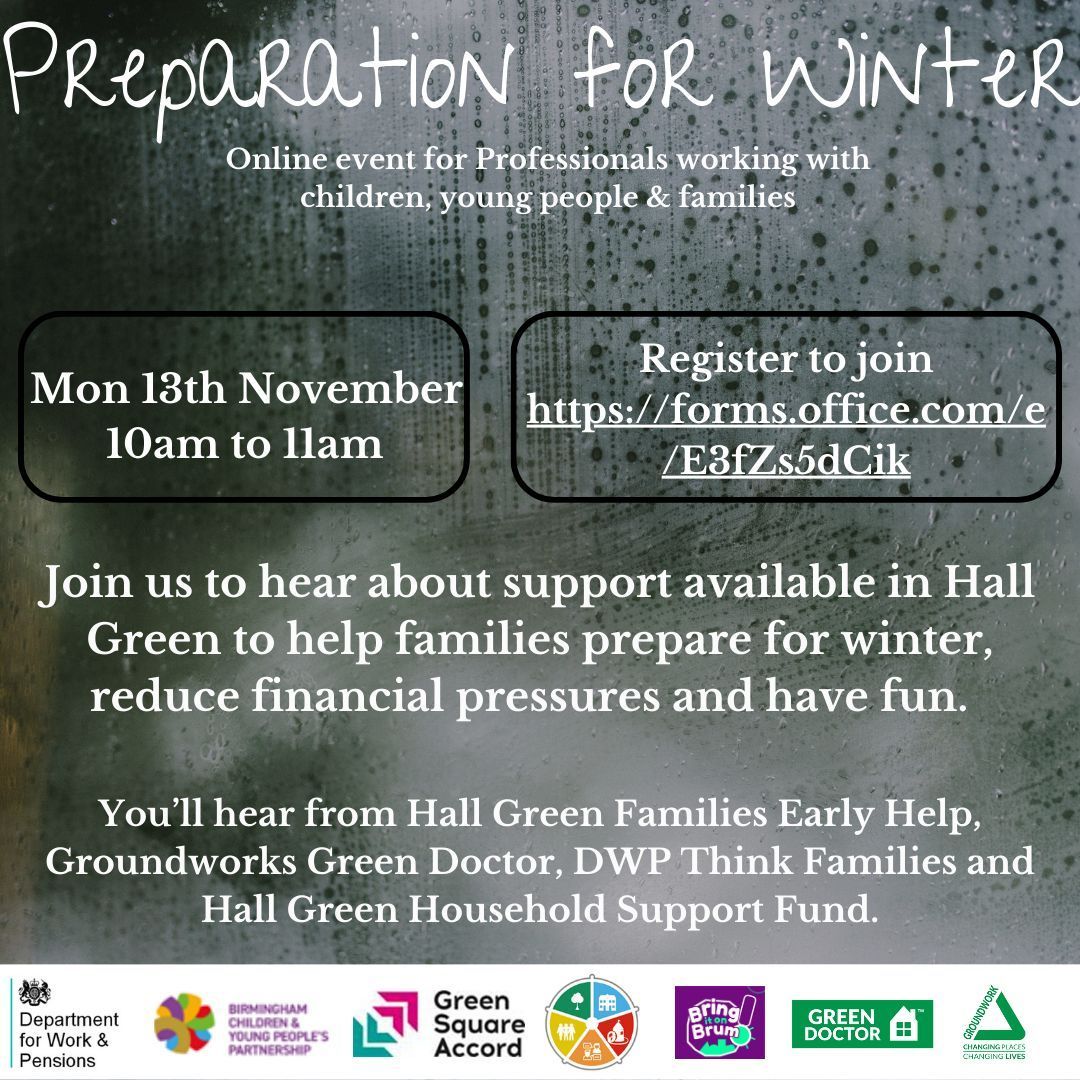 GSAearlyhelp's tweet image. Are you supporting families in the Hall Green locality? Join us on Mon 13th Nov to hear what support is available for families in #HallGreen to prepare for winter. Please register join buff.ly/49hmRyT #earlyhelp @bringitonbrum @dwp @groundworkuk @greensqaccord