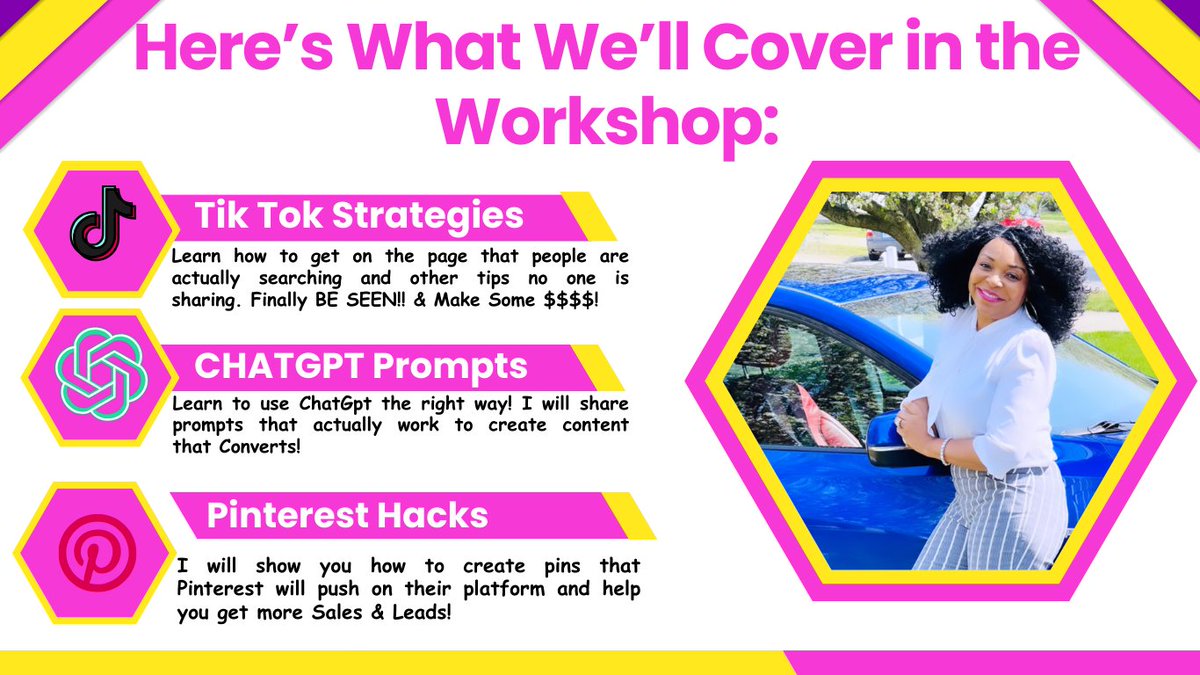 MySuccessZone's tweet photo. "MARKETING MADE EZ!"
Join me Nov 13th-16th for a marketing workshop that will help you get more sales organcally. I will cover:
* Pinterest Marketing
*Tik Tok Optimization
*ChatGpt prompts for creating content that converts
Visit https://t.co/fN9CexCb1Q for a CRAZY Special!!! https://t.co/c6ElnCzjOP