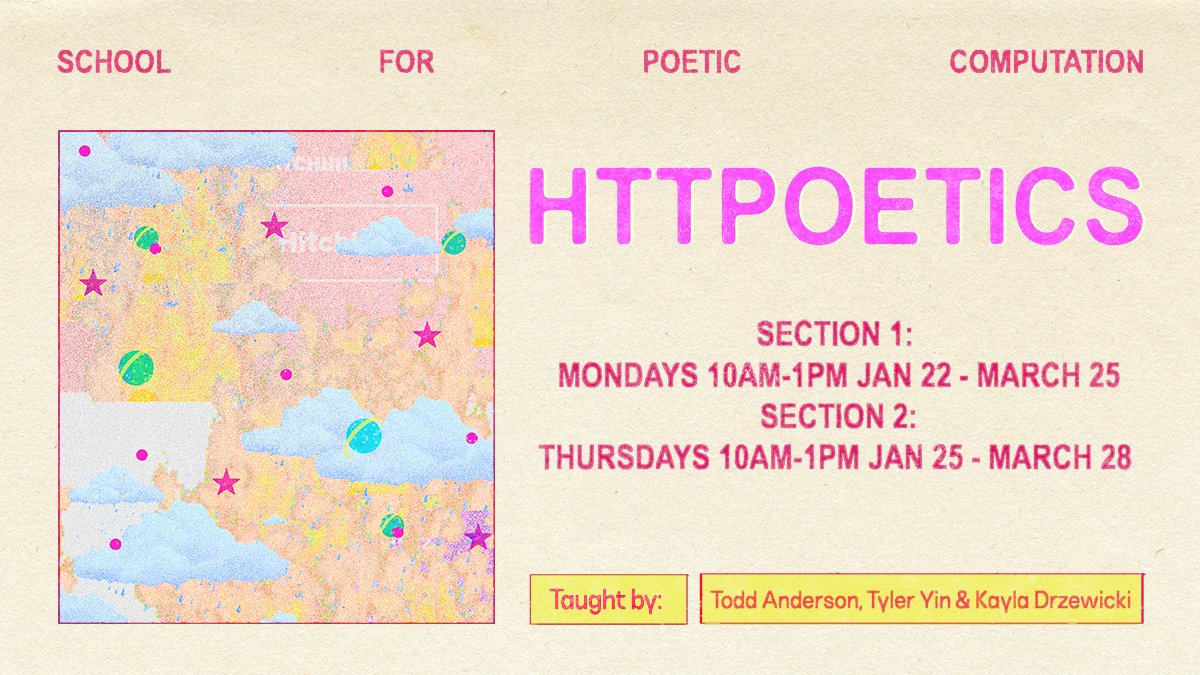 sfpc's tweet image. ✧🐇 Join us this Winter for HTTPoetics 🐇✧, a class to create poems out of websites and websites out of poems, taught by Todd Anderson (@toddwords) &amp;amp; Assistant Teachers Kayla Drzewicki &amp;amp; Tyler Yin (@tylryn): sfpc.study/sessions/winte…