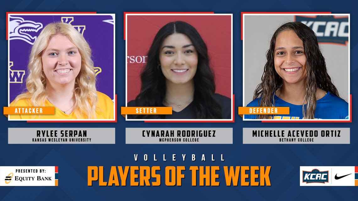 kcacsports's tweet photo. Rylee Serpan of @kwucoyotes, Cynarah Rodriguez of @MAC_Bulldogs, and Michelle Acevedo Ortiz of @BethanySwedes Earn KCAC Women's Volleyball Weekly Honors, presented by @EQUITYBANK! #KCACvb #LetsBuildEquity #LetsBuildLeaders

https://t.co/fLi0WRcvgd

@NAIA https://t.co/oSG2Lhivvn