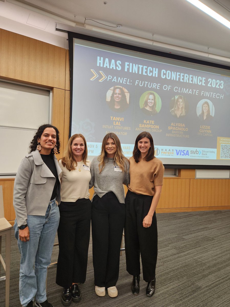 So energizing being on campus at <a href="/BerkeleyHaas/">Haas School of Business</a> for the Haas Fintech Conference! Loved being part of the Future of Climate Fintech Panel with an all-woman panel <a href="/tlaltweets/">Tanvi Lal</a> (<a href="/Intuit/">Intuit</a> ventures), Kate Sampson (<a href="/anthemis/">Anthemis</a>), &amp; Lizzie Guynn (TTV Capital)