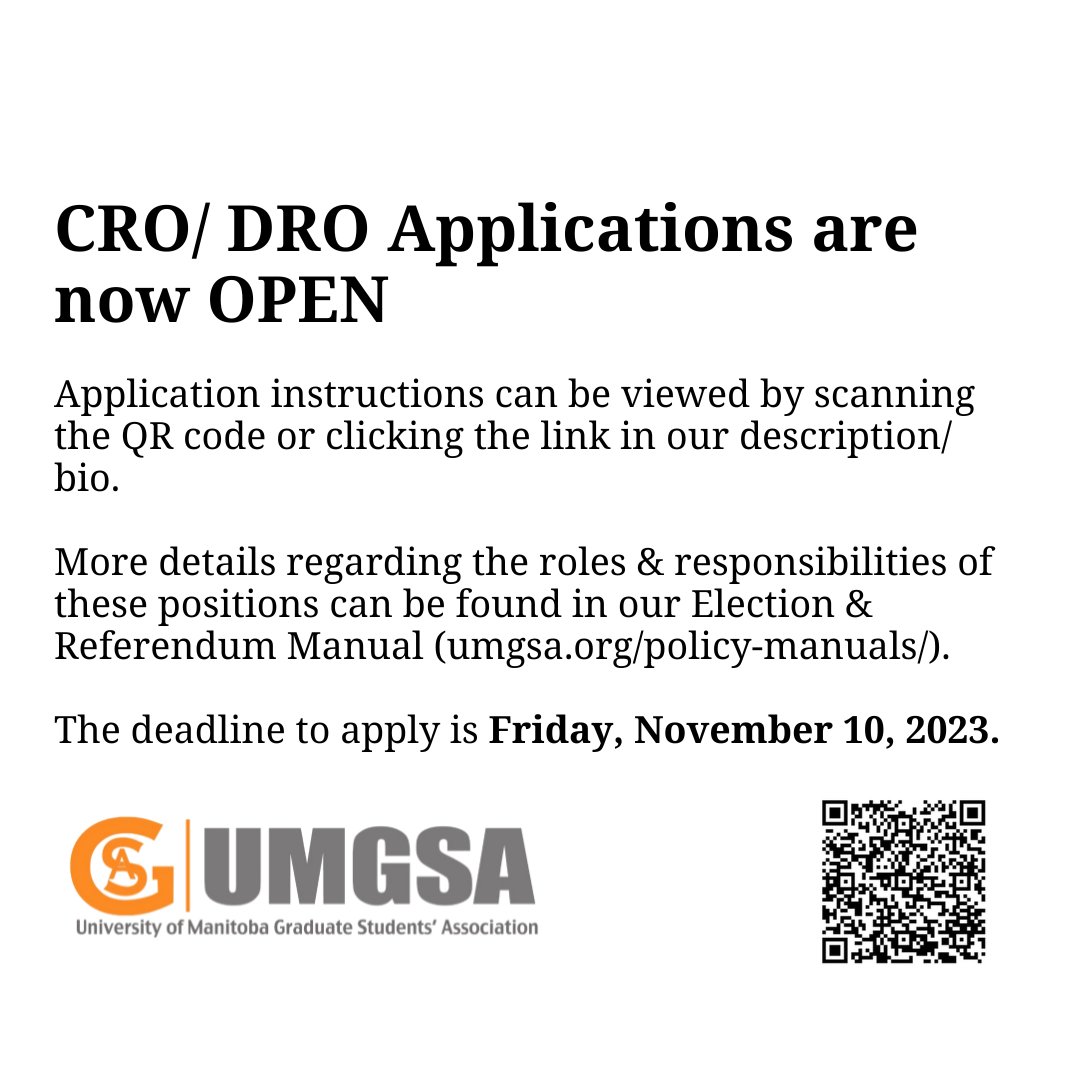 We are now accepting applications for the positions of Chief Returning Officer & Deputy Returning Officer for the upcoming 2024/25 UMGSA Elections. Deadline is Friday, November 10, 2023. Application Instructions: umgsa.org/wp-content/upl…