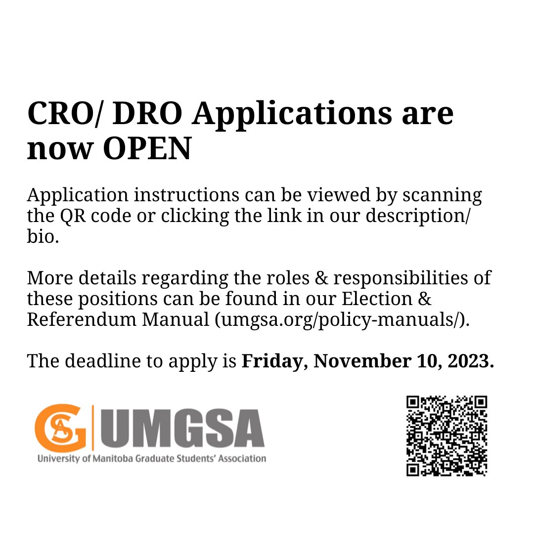 We are now accepting applications for the positions of Chief Returning Officer &amp; Deputy Returning Officer for the upcoming 2024/25 UMGSA Elections. Deadline is Friday, November 10, 2023. 

Application Instructions: umgsa.org/wp-content/upl…