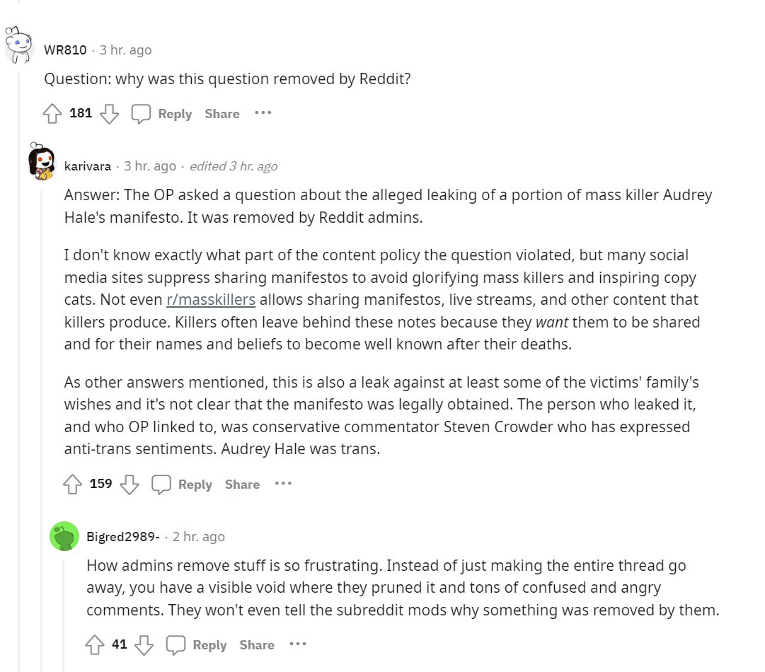 ianmiles's tweet photo. Reddit is banning conversations on the Nashville Manifesto. It's not community moderators that are removing it. It's the site administrators. https://t.co/ndYinVMv6V