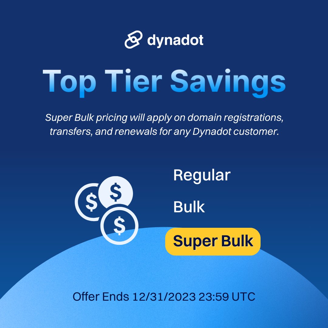 Dynadot's tweet photo. Christmas came early! All Dynadot customers get super bulk pricing discounts on all domain registrations, transfers, and renewals during our Top Tier Savings Event 🤑

Full details here: https://t.co/DApCP5dotm https://t.co/qcjfYyhmfS