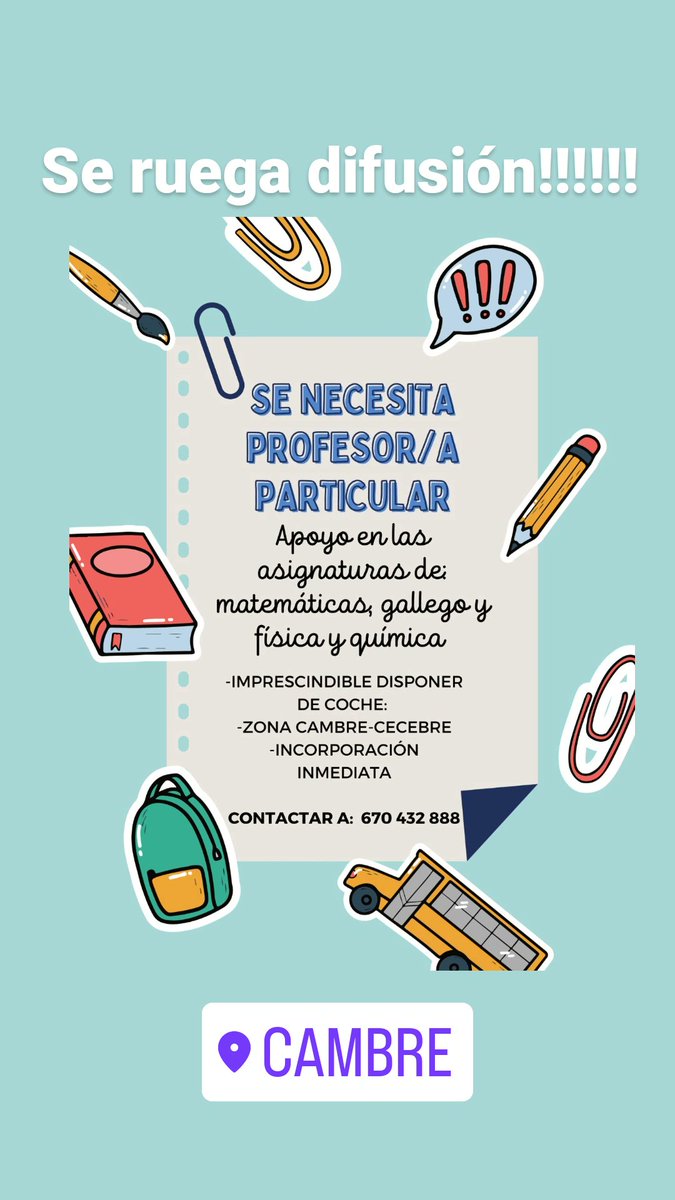 DoSzDz16's tweet photo. Se busca profe a domicilio para la zona de Cambre. INCORPORACIÓN INMEDIATA!

Se agradece difusión ♥️ https://t.co/xk2iwMxyx1