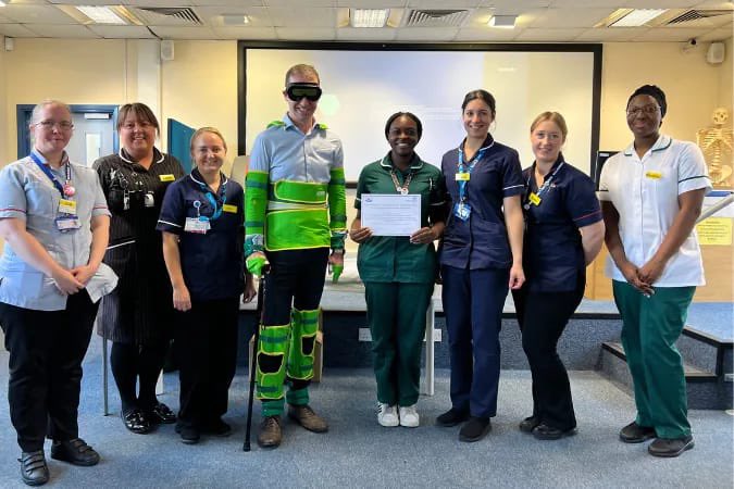 WHHTCOENurses's tweet photo. Another incredible training session with the sim suit led by our fantastic Frailty ACPs! 🙌 Honored to have the Mayor join us for this important work in healthcare. #FrailtyMatters #CommunityLeaders #EmpathyInAction https://t.co/n3y6e5udXr
