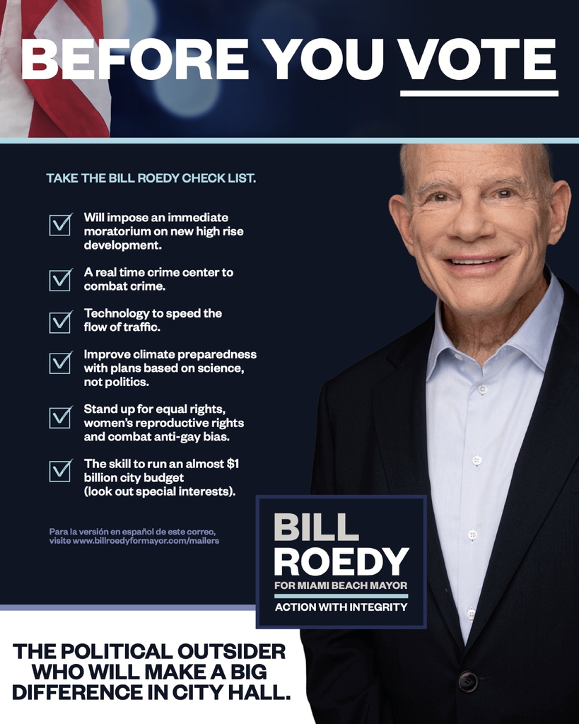 billroedy's tweet image. Don't recycle the same corrupt trash that keeps bringing us insider deals, overdevelopment, and careless, unethical behavior. These career politicians have consistently failed us. 

This Tuesday, vote for the Change Candidate. #VoteRoedy #MiamiBeach #ActionWithIntegrity