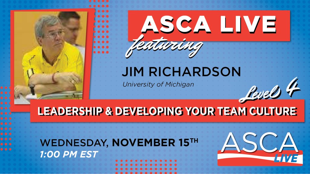 ASCAswim's tweet photo. LAST MINUTE ADDITION! Join Coach Jim Richardson on ASCA Live as he discusses Senior Coaching for Level 4! Come learn about leadership and developing your team culture! Wednesday, November 15th @ 1pm EST!
Register now: https://t.co/i29F16In1s
#asca #ascalive https://t.co/wgNpX1I0wn