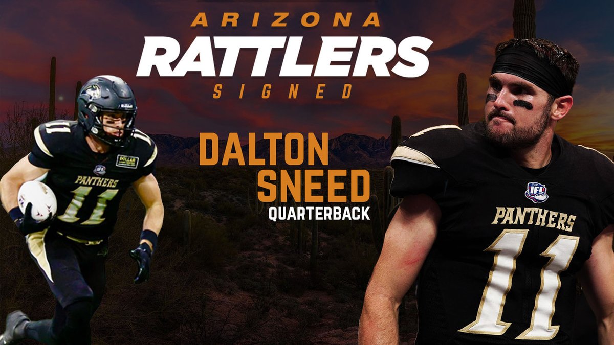ArizonaRattlers's tweet photo. 𝙊𝙁𝙁𝙄𝘾𝙄𝘼𝙇: The Arizona Rattlers have signed 2023 IFL Champion QB Dalton Sneed for the 2024 season. 

The Arizona native led the league in completion percentage at 68.5 percent and tied for 1st in touchdowns (49).

Story → https://t.co/RARbff6X3I https://t.co/aKpWOmVDjh