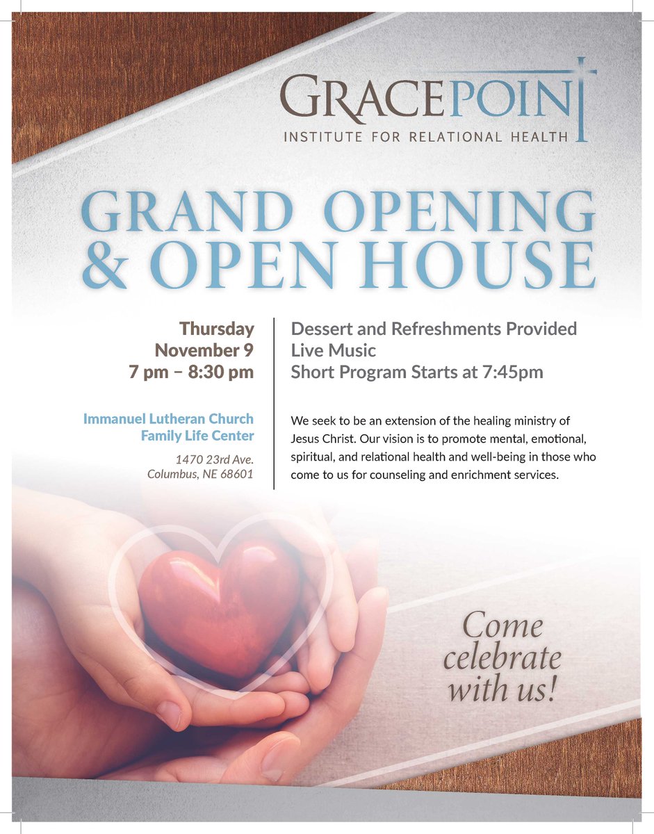 GracePoint's tweet photo. Celebrate the Grand Opening of GracePoint Institute at our new Columbus site! This Thursday! Spread the word. https://t.co/O6PFK2VQBn