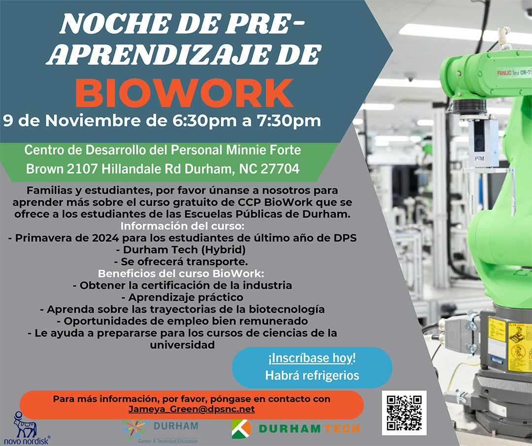 Join us this Thursday at 6:30 p.m. to learn more about the FREE BioWork course offered to our DPS seniors this spring! Click here to register: bit.ly/470jhrg