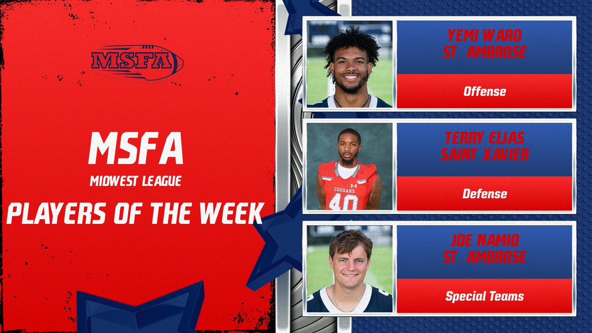 MidStatesFB's tweet photo. Congratulations to our Midwest League Players of the Week!

🏅 @SAUBEES WR Yemi Ward
🏅 @SXUAthletics LB Terry Elias
🏅 @FightingBeesFB K Joe Namio

📰: https://t.co/MYSVITiJVp https://t.co/fJba5d68Jc