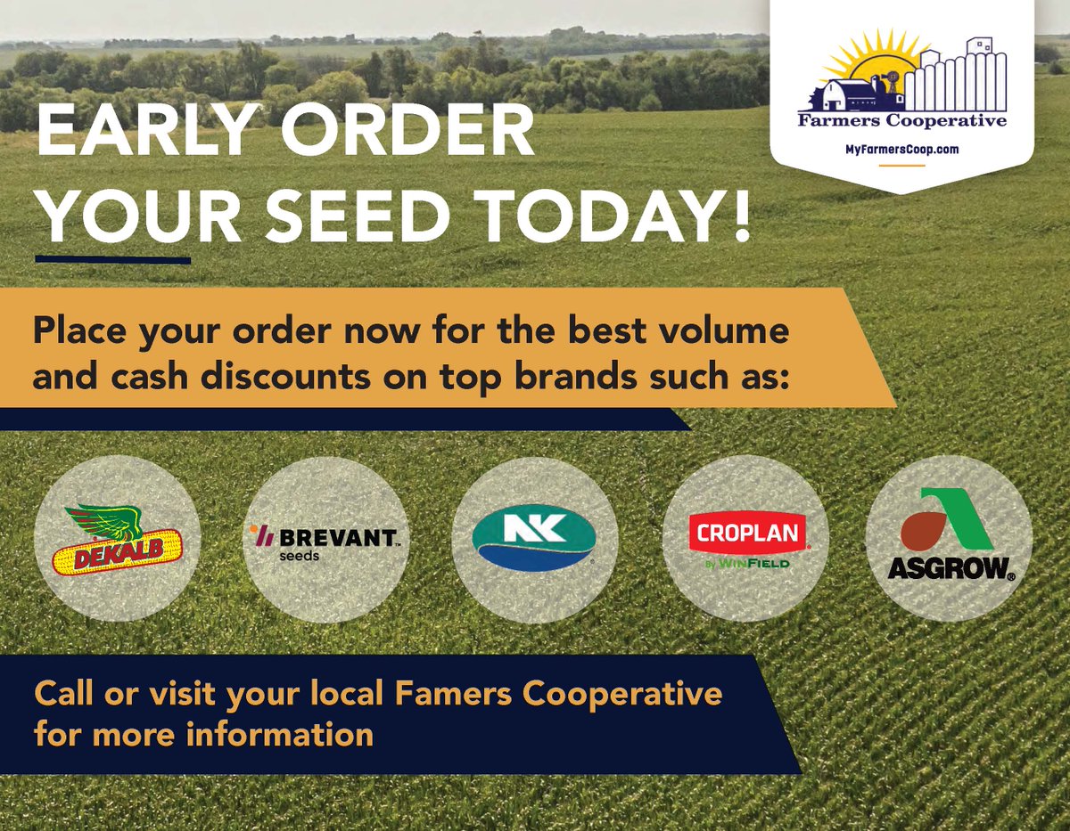It's time to get a jump start on spring planting! Stop by or call and take advantage of discounted seed orders. Get your order in now and enjoy early seed discounts! 
myfarmerscoop.com