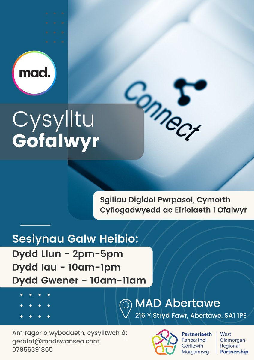 Mae #MADAbertawe yn cynnig sesiynau galw heibio pwrpasol ar gyfer #Gofalwyr trwy ein prosiect Cysylltu Gofalwyr gyda chymorth Partneriaeth Ranbarthol Gorllewin Morgannwg. @CarersWales @CarersUK @SwanseaCarers @carerssupportww @cey_yac @YCCHerts @CarerCaerphilly @WGlamPship