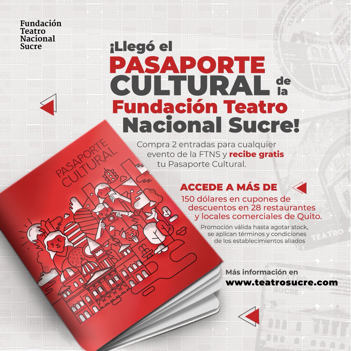TeatroSucreQ's tweet photo. 🤩 #QuitoConCultura | ⭐️ ¡Llegó el Pasaporte Cultural de la Fundación Teatro Nacional Sucre! ⭐️
📕 🎟 Compra 2 entradas para cualquier evento de la FTNS y recibe gratis tu Pasaporte Cultural.

👉 Revisa toda la información en: https://t.co/0DwVLADpdz

#SomosFTNS https://t.co/fHJ3FGgkck