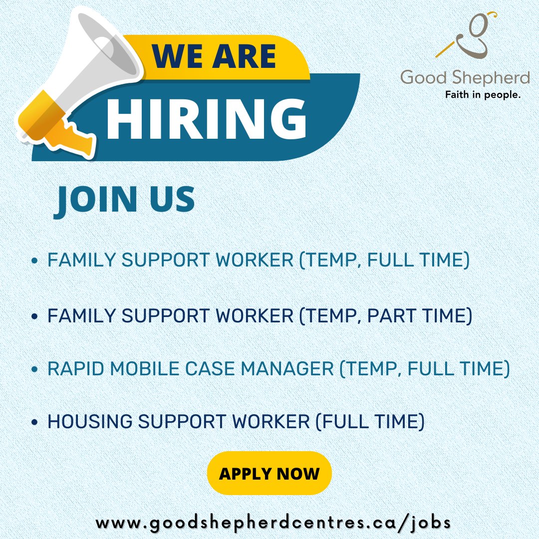 New jobs have been added to our website! For details, visit goodshepherdcentres.ca/jobs