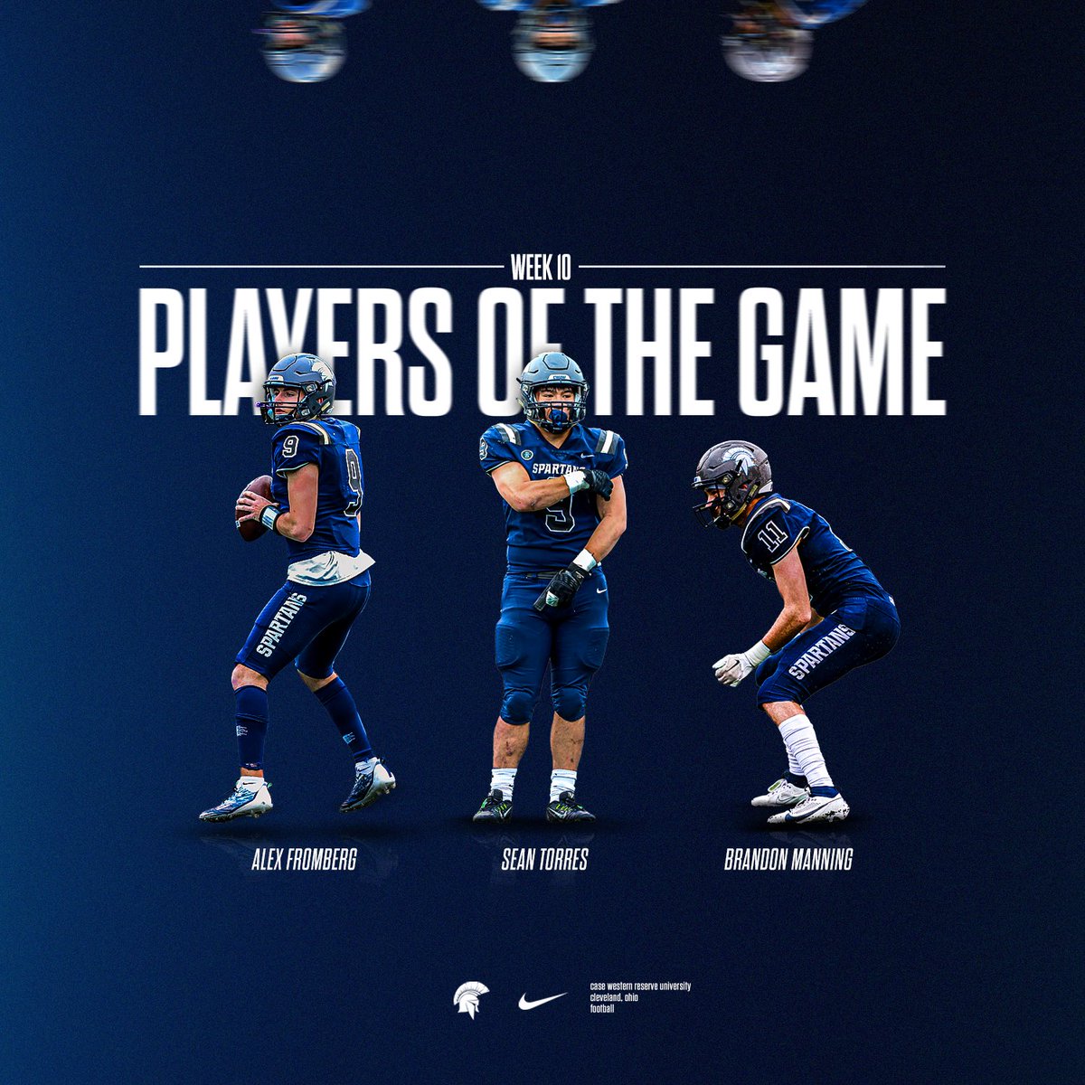 𝐖𝐞𝐞𝐤 𝟏𝟎 𝐏𝐥𝐚𝐲𝐞𝐫𝐬 𝐨𝐟 𝐭𝐡𝐞 𝐆𝐚𝐦𝐞:

Offensive: <a href="/alex_fromberg/">Alex Fromberg</a> 🔋
Defensive: <a href="/seanrtorres/">Sean Torres</a> 🧨
Special Teams: <a href="/bman1059/">Brandon Manning</a> ⚔️

#BlueCWRU #RollSpartans #d3fb