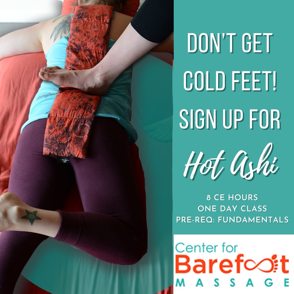 FasciAshi's tweet photo. It's that time of year! Time for cool weather favorites like pumpkin spice and hayrides and.... Hot Ashi! This one day course teaches the integration of myofascial barefoot massage with heated pillows to relieve pain and promote relaxation simultaneously. https://t.co/D2oXcJV3BH https://t.co/AZPWNTBXmP