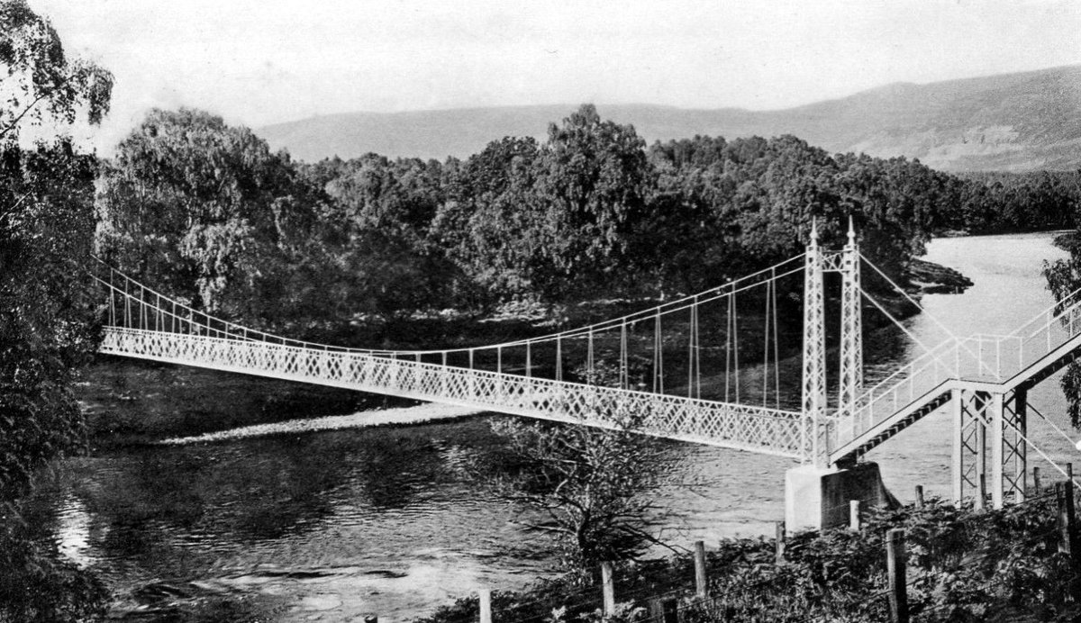 tourscotland's tweet photo. Old Tour #Scotland Ancestry Travel visit Genealogy Scottish Family History Blog photography and story of the suspension bridge at #Cambus #O' #May just East of #Ballater, #Royal #Deeside First bridge was financed by Alexander Gordon of the brewing trade https://t.co/m7U7LqOvUB https://t.co/24MxS0I6ww