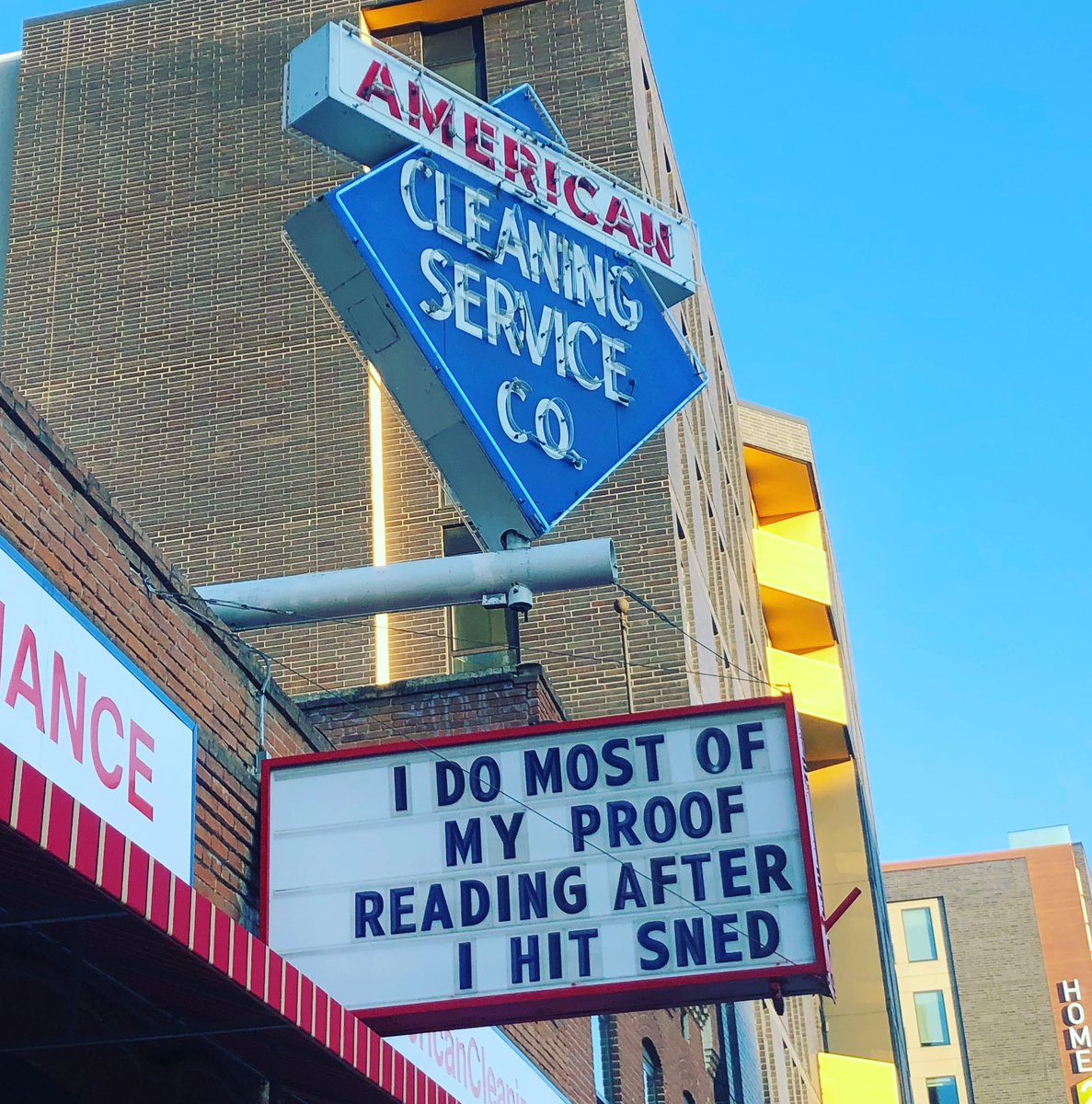 KeepBoiseKind's tweet photo. American Cleaning Company, established in 1949 and located in downtown Boise, often brings smiles to the Treasure Valley community through its signage. Please support local businesses! #keepboisekind #supportlocalbusiness #shoplocal #bekind #kindessiscontagious #boise https://t.co/Xocc5O2UXx
