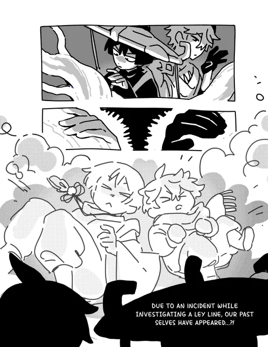 due to an incident while investigating a ley line, our past selves have appeared..?! part 1 of ?, short comic series about kabukimono + ajax meeting childe + scara  #chiscara #scarachilde