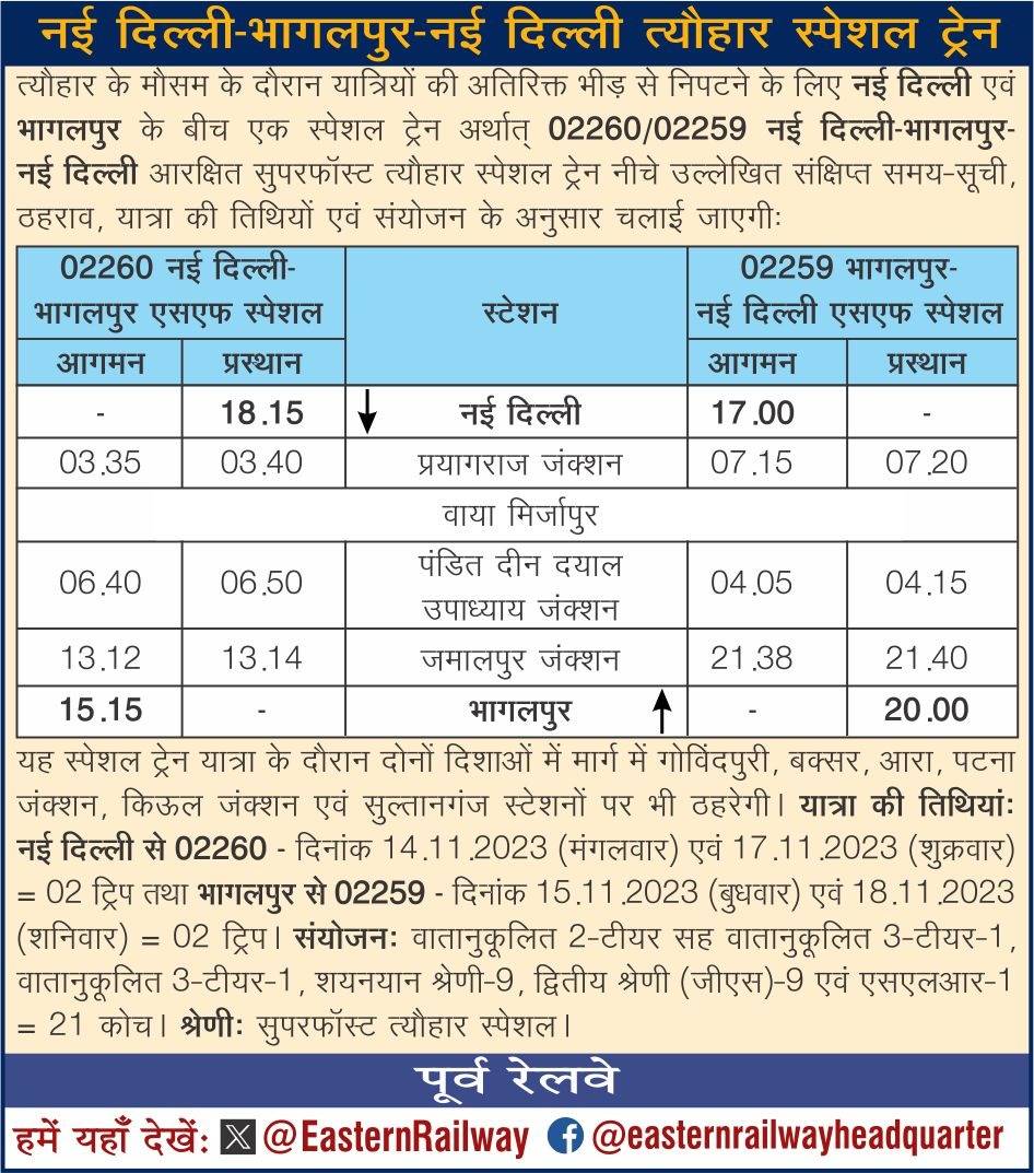 EasternRailway's tweet photo. नई दिल्ली-भागलपुर-नई दिल्ली त्यौहार स्पेशल ट्रेन। https://t.co/lmE3DnbjDZ