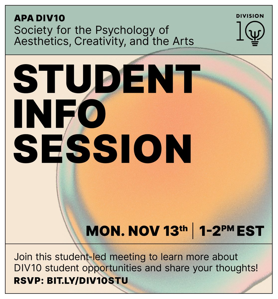 APADivision10's tweet photo. Calling all grads &amp; undergrads interested in the #psychology of #aesthetics, #creativity, &amp; the #arts!💡🎨🎵🎭Join @APADivision10's open meeting Nov 13 to learn about student opportunities &amp; share your thoughts on mentorship, workshops, &amp; resources! RSVP: https://t.co/QjzjRS8gwl https://t.co/4dSxkwFxJ2