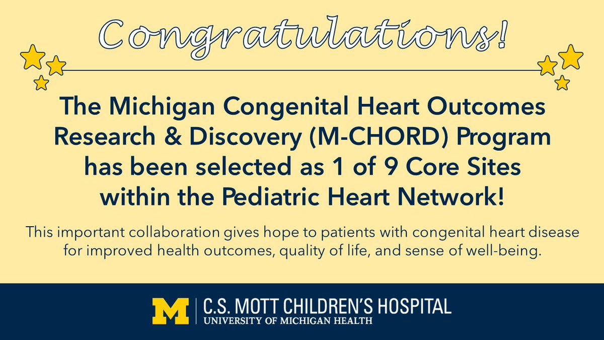 Congratulations to the M-CHORD research team at the U-M Congenital Heart Center on being selected as a core site within the Pediatric Heart Network! The important work they do makes a real difference in patients with congenital heart disease. @MottChildren @PHNresearch @umichCVC