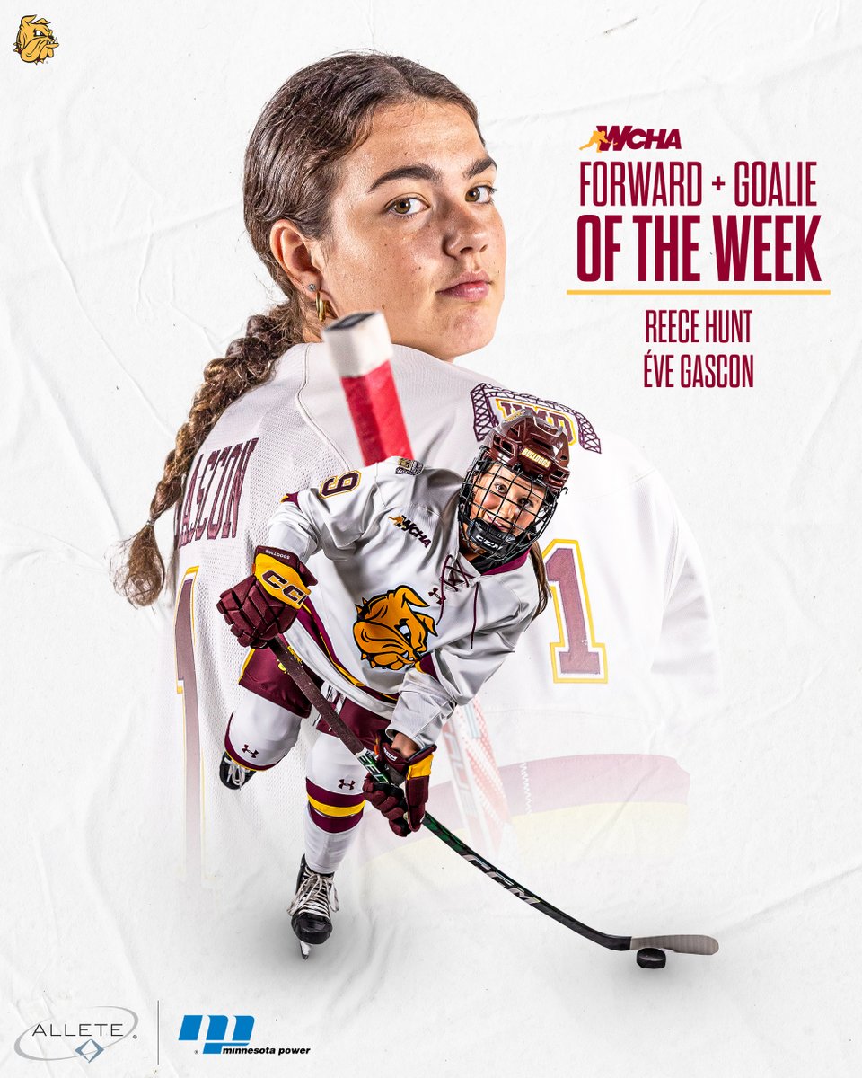 UMDBulldogs's tweet photo. .@UMDWHockey's Reece Hunt and Ève Gascon Nab Weekly WCHA Honors

Story: https://t.co/JZ177IDDtu https://t.co/9lgvL4rES1