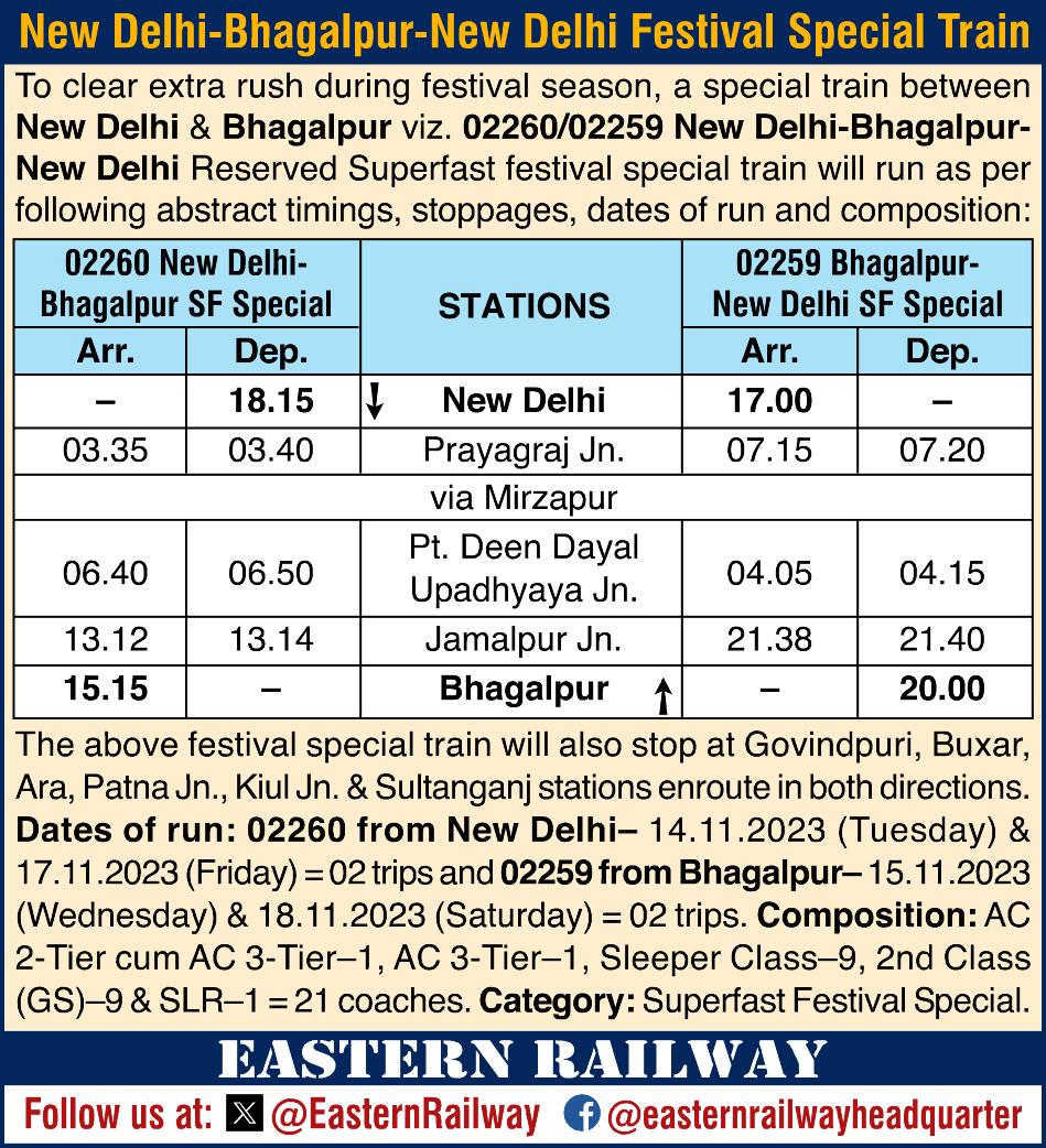 EasternRailway's tweet photo. New Delhi-Bhagalpur-New Delhi Festival Special Train. https://t.co/yUzi02Diaq