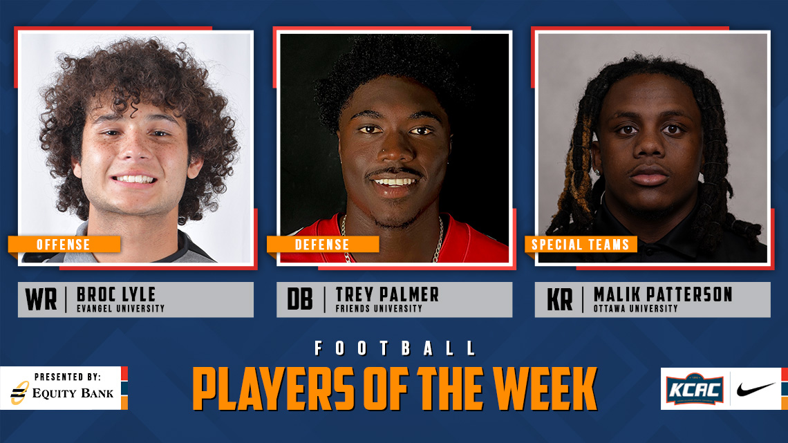 Broc Lyle of @EvangelValor, Trey Palmer of @FriendsFalcons, and Malik Patterson of @BravesAthletics Earn KCAC Football Weekly Honors, presented by @EQUITYBANK! #KCACfb #LetsBuildEquity #LetsBuildLeaders kcacsports.com/news/2023/11/6… @NAIA @NAIAFBALL