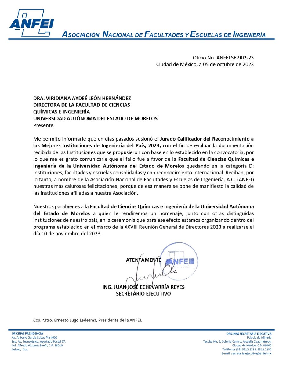 fcqeiuaemmx's tweet photo. Les compartimos el reconocimiento de @ANFEI_Oficial, donde reconoce a la FCQeI como una de las Mejores Instituciones de Ingeniería del País 2023, por ser una institución consolidada y con reconocimiento internacional
¡Gracias comunidad por ser parte de este logro! #SomosFCQeI https://t.co/xbkYKlLfwj
