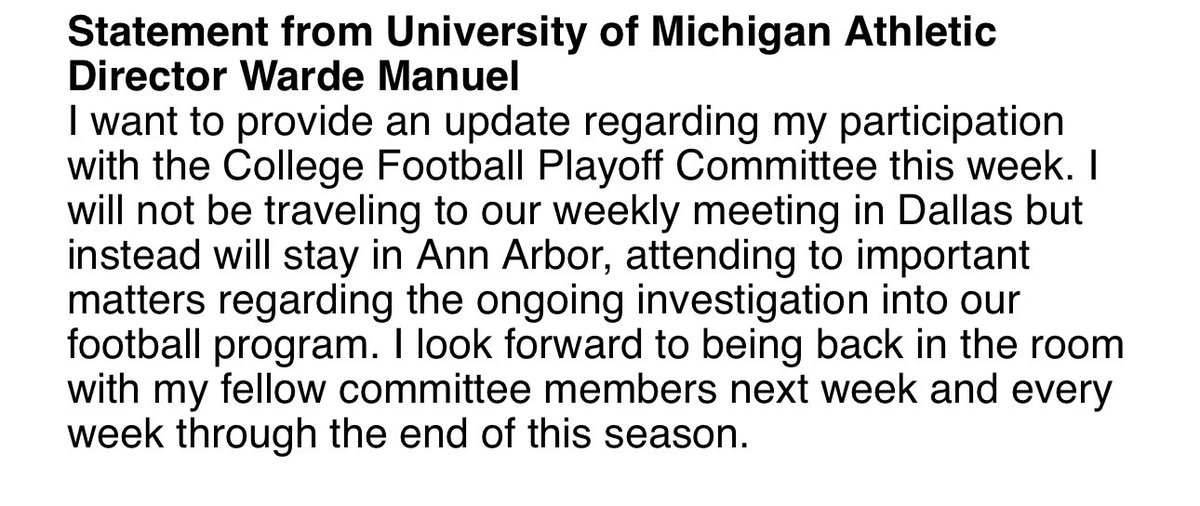 chengelis's tweet photo. UM AD Manuel, a member of the CFP selection committee, will not travel to weekly meeting.  The next rankings will be released Tuesday. ⬇️ https://t.co/eT2kQJw8Hu