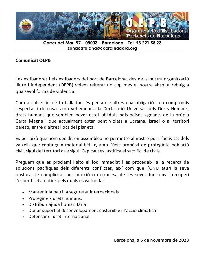 MolinsEnComu's tweet photo. Felicitats a l'Organització d'Estibadors Portuaris de Barcelona (OEPB) per la seva valenta acció 🕊️ en pro de la pau i la solidaritat. Han decidit no permetre l'activitat dels vaixells amb material bèl·lic al port de Barcelona, defensant els drets humans. #Pau #Solidaritat https://t.co/rIaB00UXYc