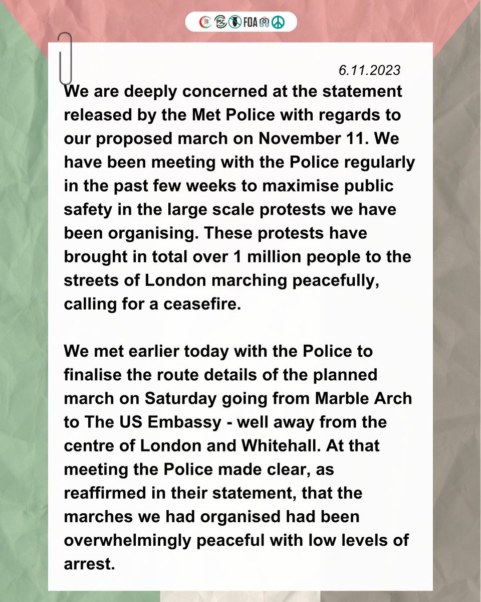 PSCupdates's tweet photo. 🚨We will be marching on November 11. Our statement in response to the Met Police. 🇵🇸

Read here: https://t.co/UZ0GBEhXUv

#CeasefireNOW https://t.co/74VaWN7w6j