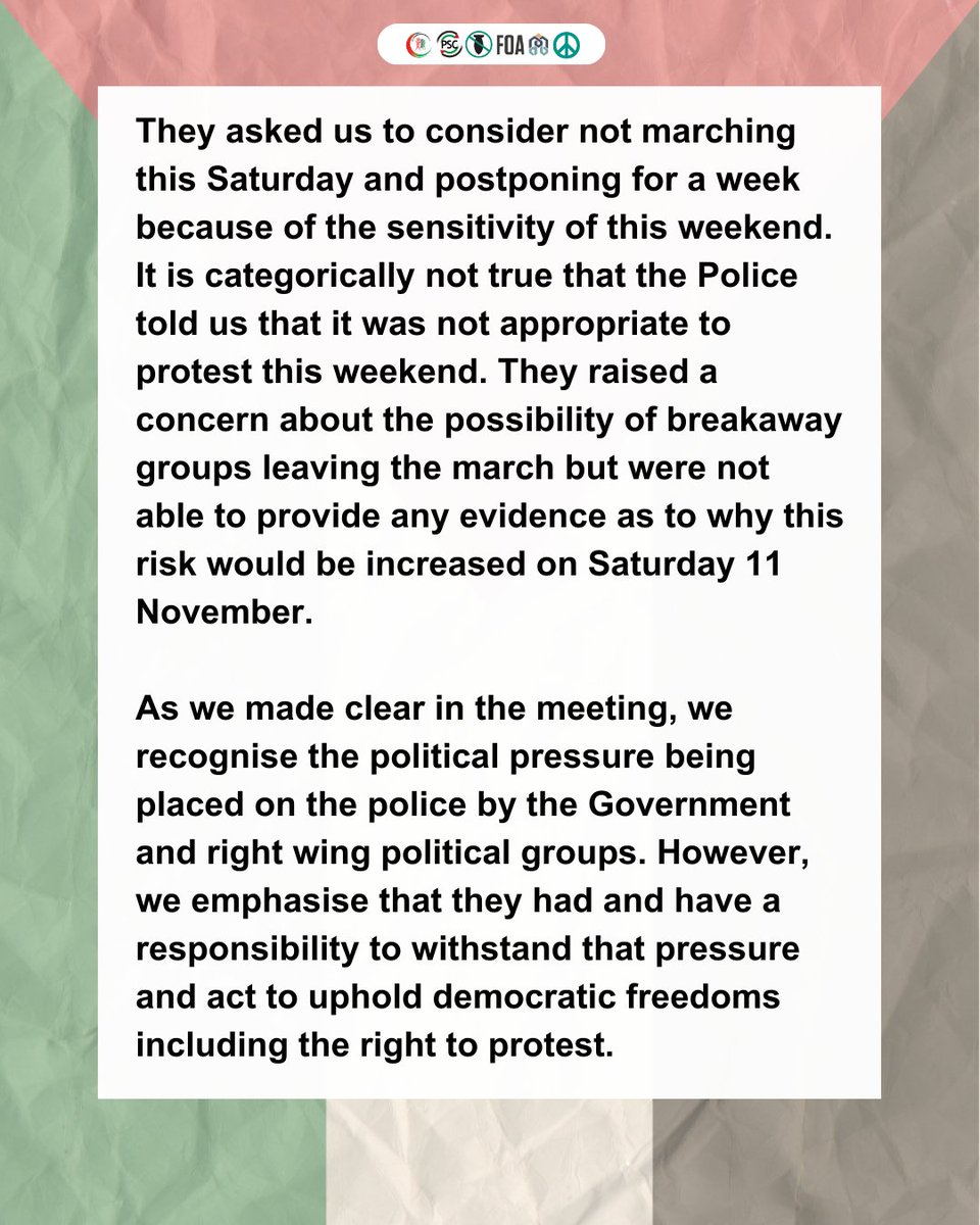 PSCupdates's tweet photo. 🚨We will be marching on November 11. Our statement in response to the Met Police. 🇵🇸

Read here: https://t.co/UZ0GBEhXUv

#CeasefireNOW https://t.co/74VaWN7w6j