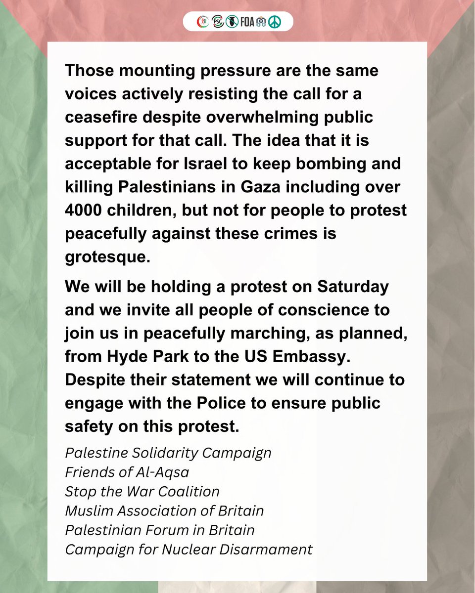 PSCupdates's tweet photo. 🚨We will be marching on November 11. Our statement in response to the Met Police. 🇵🇸

Read here: https://t.co/UZ0GBEhXUv

#CeasefireNOW https://t.co/74VaWN7w6j