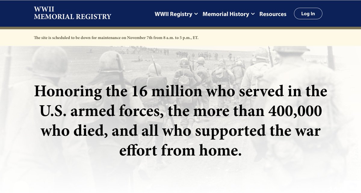 usabmc's tweet photo. ABMC's WWII Memorial Registry website, https://t.co/DAHWbzhw4h, will not be available Nov. 7, 2023, as the website undergoes scheduled maintenance. We apologize for the inconvenience.

#ABMC100 #OurPromise https://t.co/vY4u2bUGXJ