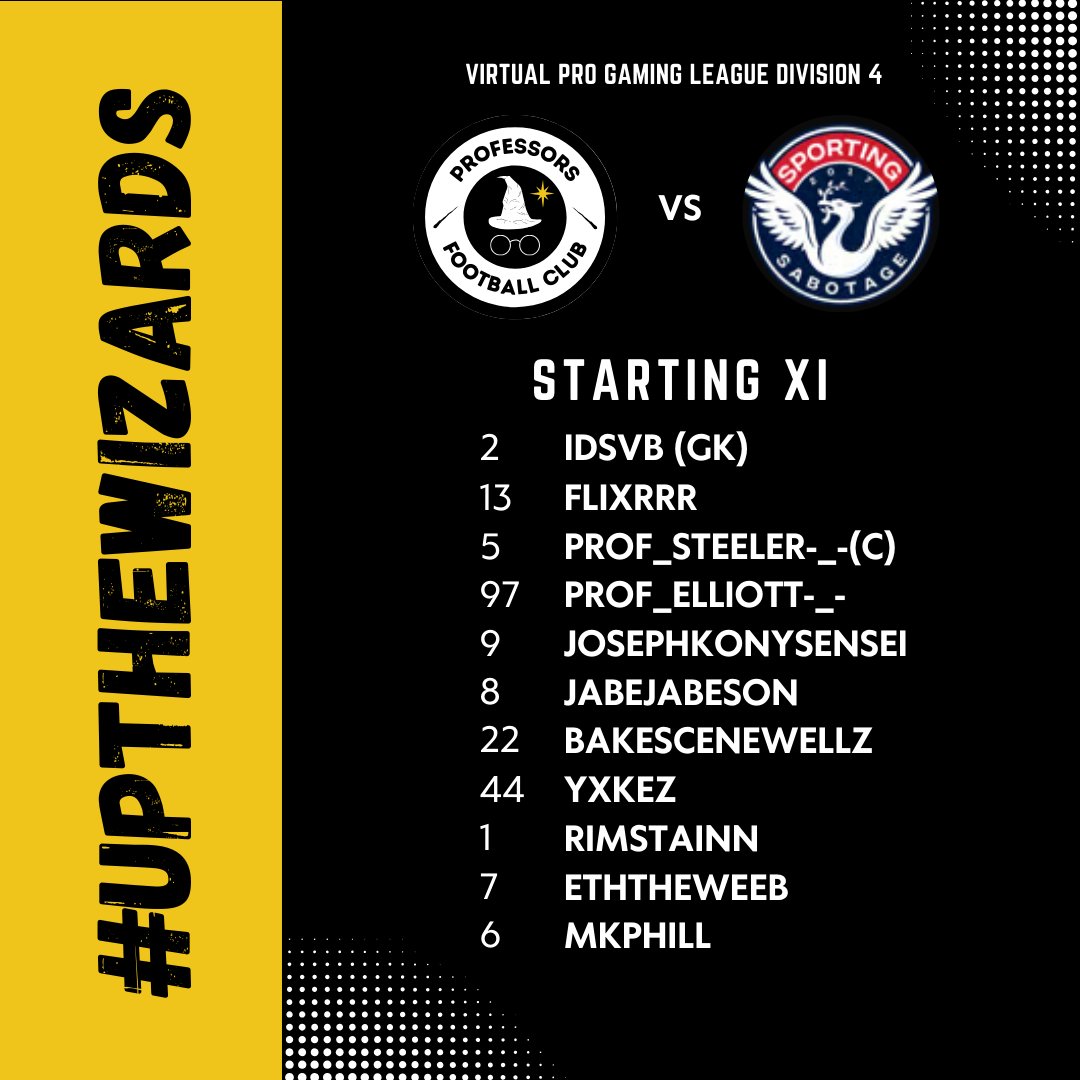 Professors FC (@professorsfc) on Twitter photo Our starting lineup for tonight's matches!
<a href="/OfficialVPG/">Virtual Pro Gaming</a>
Europe Division 4👊
#upthewizards 📷 ⚪️ Our starting lineup for tonight's matches!
<a href="/OfficialVPG/">Virtual Pro Gaming</a>
Europe Division 4👊
#upthewizards 📷 ⚪️