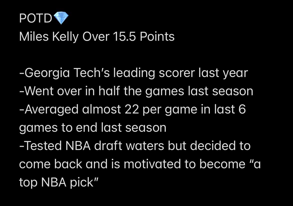 morehoopss's tweet photo. CBB starting today means a new season of Sniped locks and slips🔥💯 Starting the szn off with our POTD💎 Miles Kelly Over 15.5 Points🎯🎯 #CBB #POTD #CBBLock #prizepicksCBB https://t.co/SKGFoWxdCZ