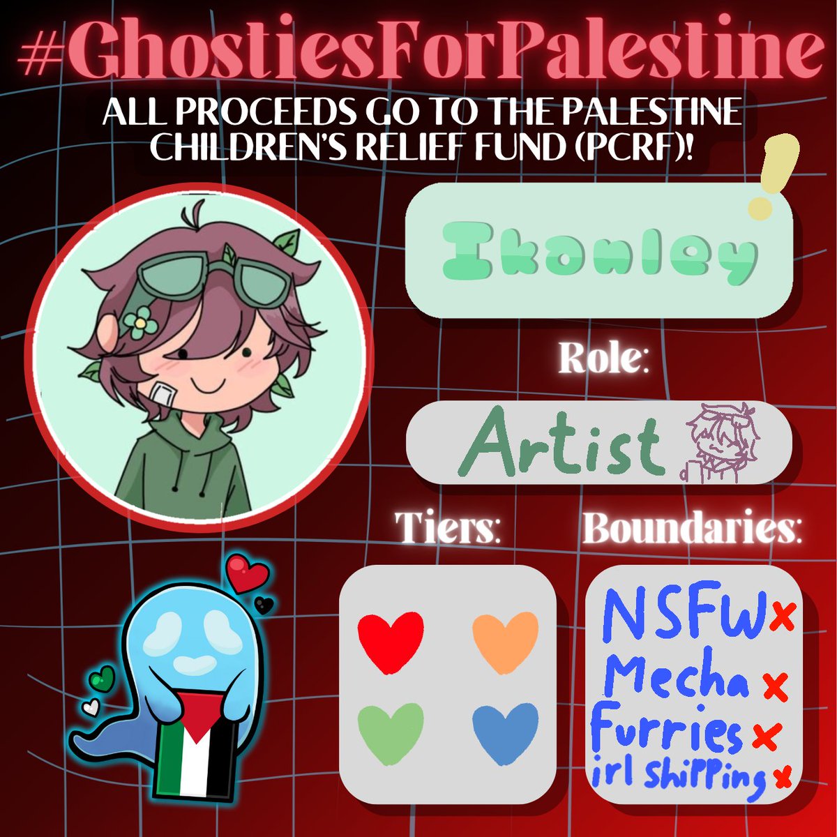 galaxy_kate's tweet photo. hello everyone!
I will be participating in #GhostiesForPalestine from 11/6- 11/15 as an artist! I will be doing red, orange, green, and blue! You can request work from me or a bunch of other artists by donating to the Palestine Children’s Relief Fund! (link in replies :DD) https://t.co/I5BJ8d5tL8